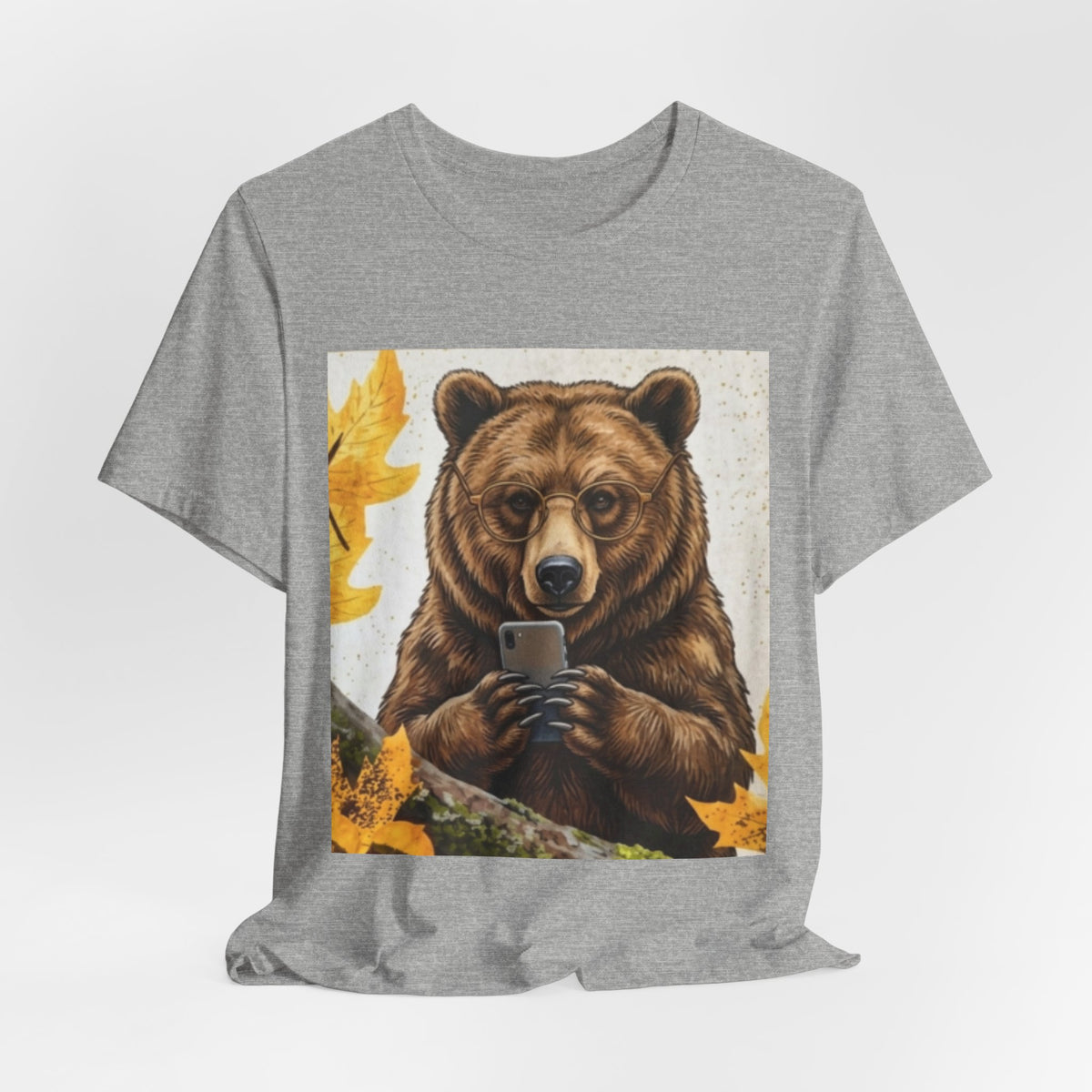 Bear Looking at Phone Graphic Tee — Funny Nature Animal T-Shirt