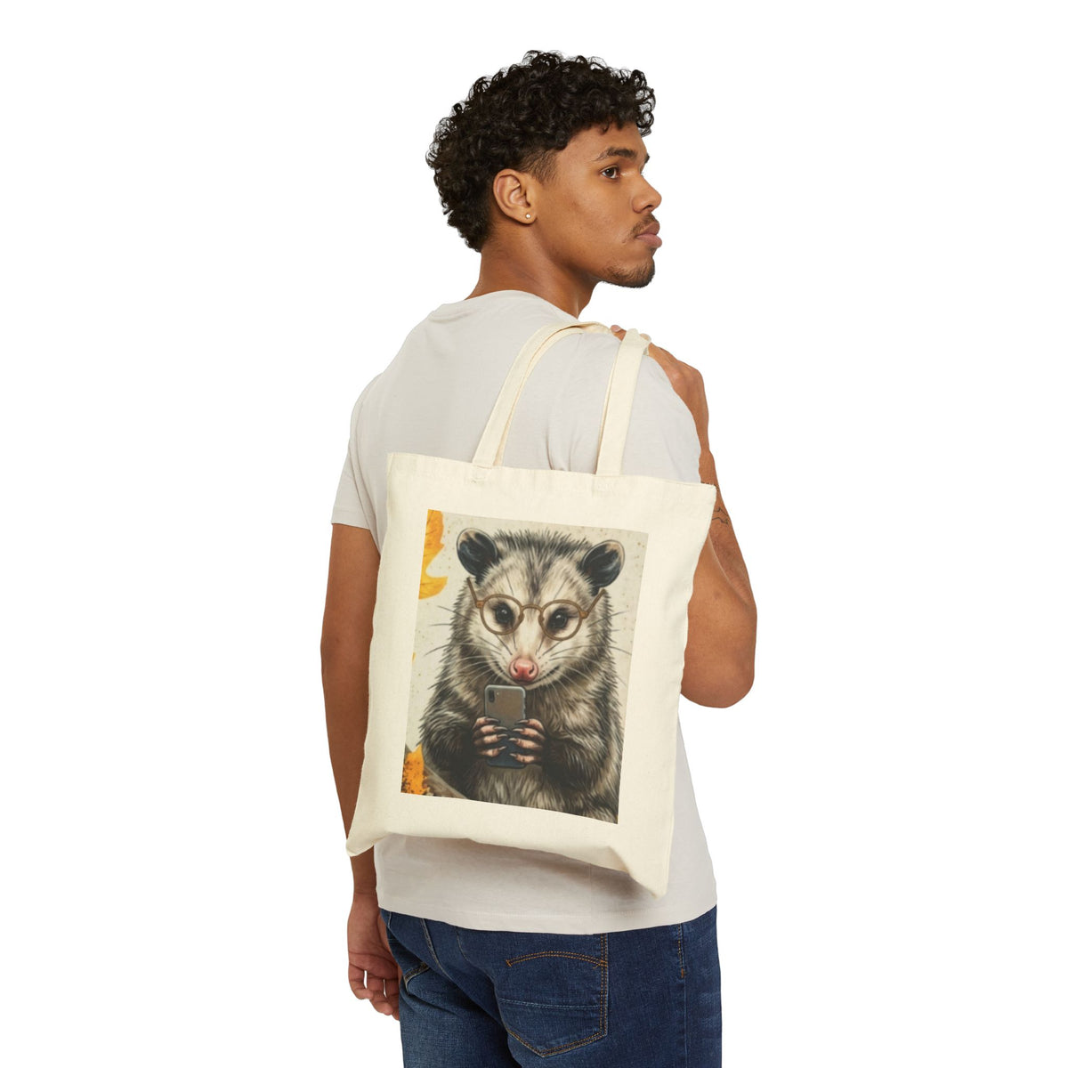 Opossum Coffee Tote Bag — Cute Possum with Glasses & Phone Cotton Canvas Tote