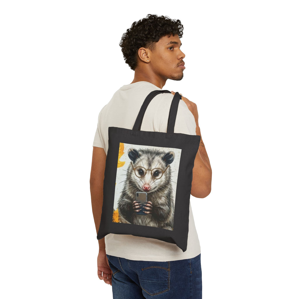 Opossum Coffee Tote Bag — Cute Possum with Glasses & Phone Cotton Canvas Tote
