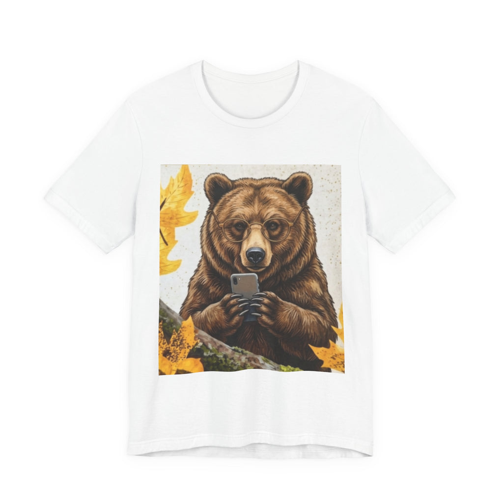 Bear Looking at Phone Graphic Tee — Funny Nature Animal T-Shirt