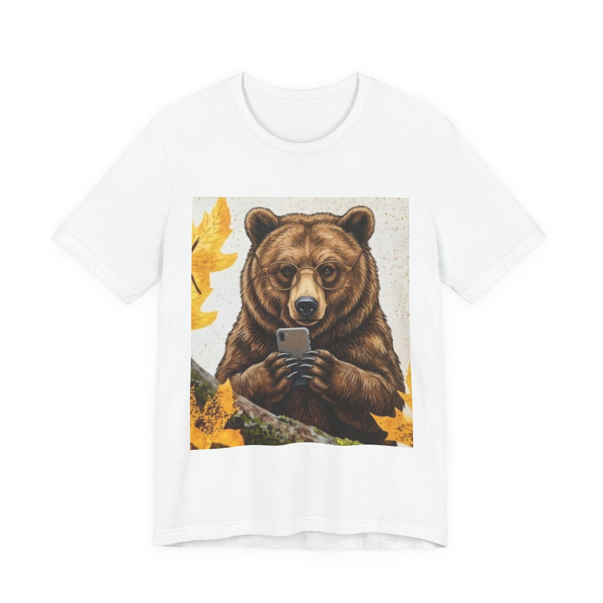 Bear Looking at Phone Graphic Tee — Funny Nature Animal T-Shirt