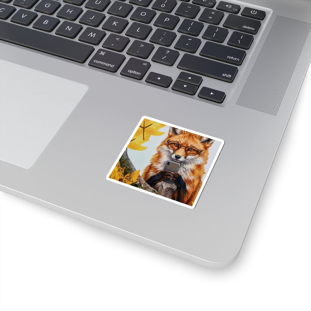 Fox With Phone Sticker — Cute Autumn Fox Kiss-Cut Vinyl Sticker