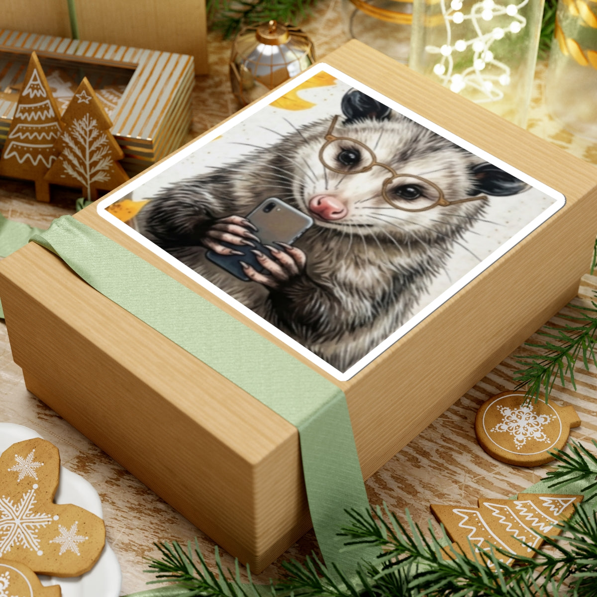 Opossum Selfie Sticker — Cute Possum with Glasses Phone Decal (Kiss-Cut)