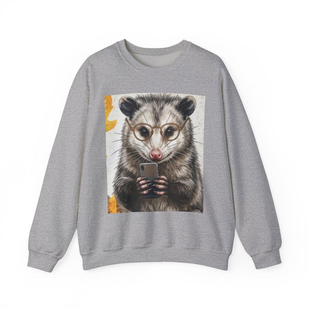 Possum Portrait Sweatshirt – Cute Opossum with Glasses & Phone Crewneck