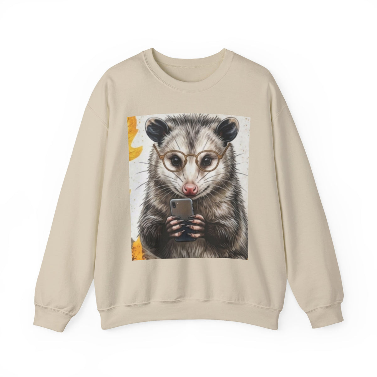 Possum Portrait Sweatshirt – Cute Opossum with Glasses & Phone Crewneck